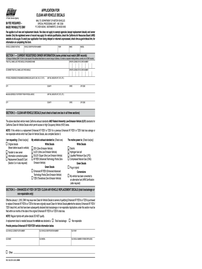 Application For Clean Air Vehicle Decals California Fill Out Sign 