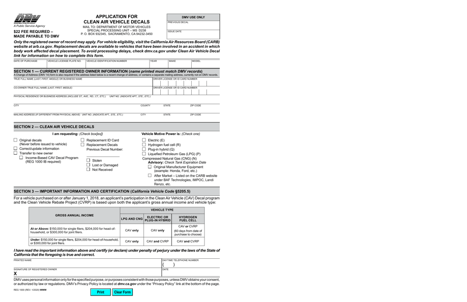 Form REG1000 Download Fillable PDF Or Fill Online Application For Clean