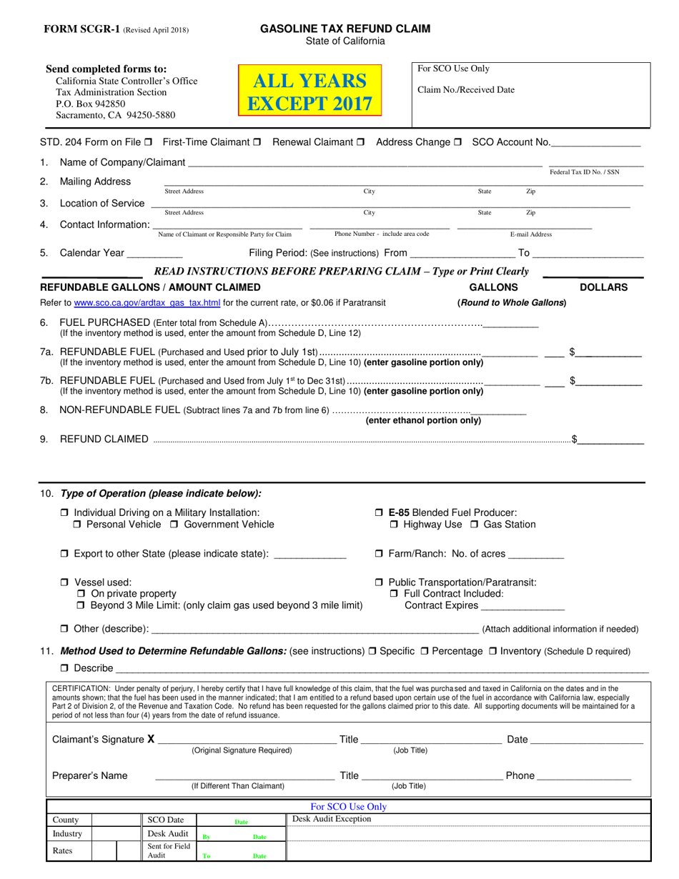 Form SCGR 1 Download Fillable PDF Or Fill Online Gasoline Tax Refund